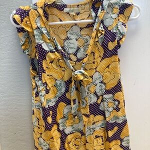 Yellow & Purple Floral Tie-Front Women's Top